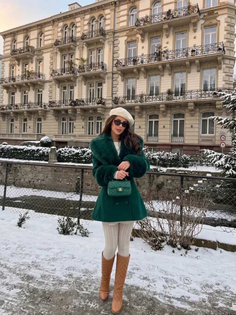 Crisp Ivory Beret with Tall Boots
