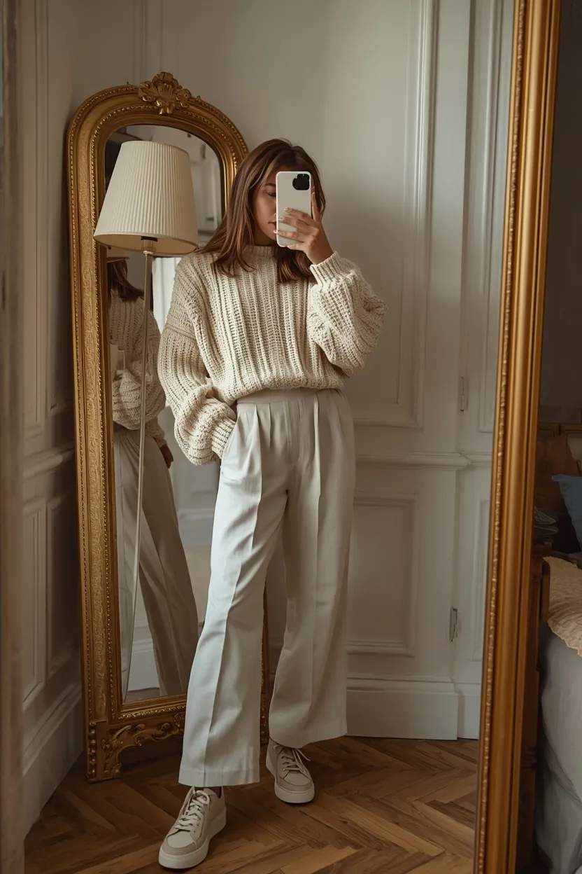All-Cream Bouclé Knit & Wide-Leg Trousers