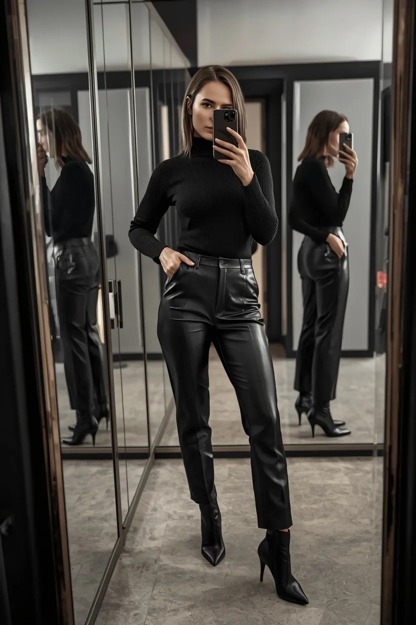 Chic Black Cat in Ribbed Cashmere & Leather Trousers