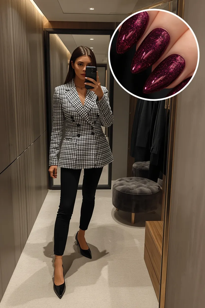 Houndstooth Blazer & Plum Velvet Cat-Eye Nails