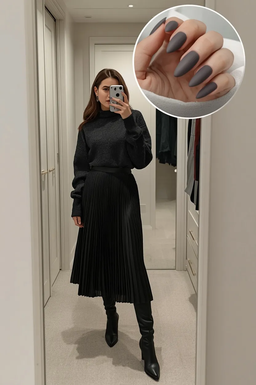 Leather Midi Skirt & Matte Charcoal Nails