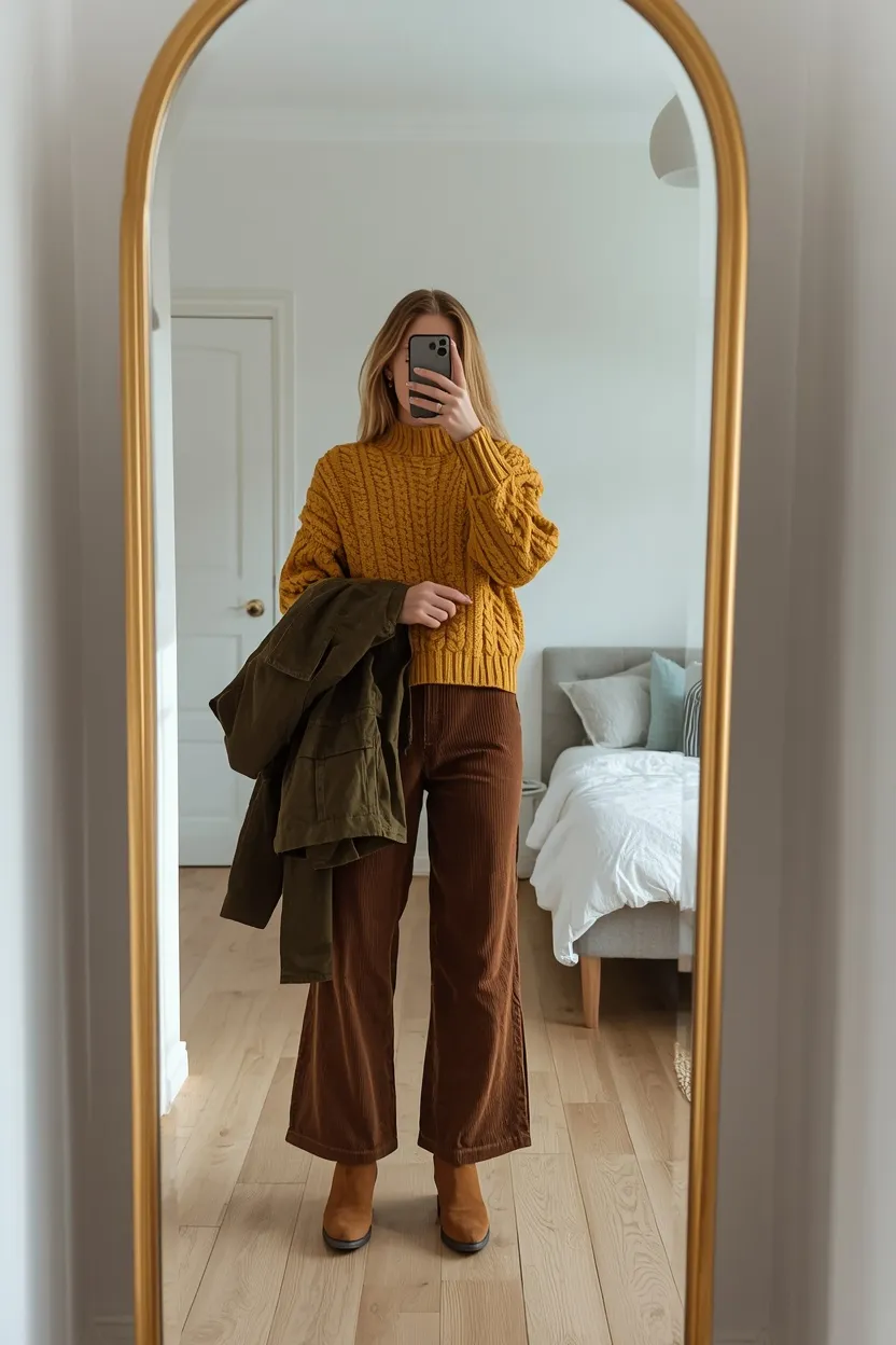 Mustard Yellow Cable Knit & Chocolate Corduroys