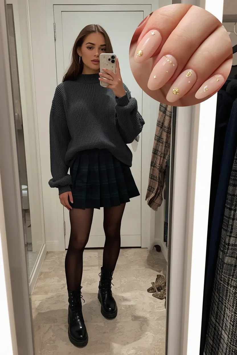 Plaid Pleated Mini & Golden Celestial Nails