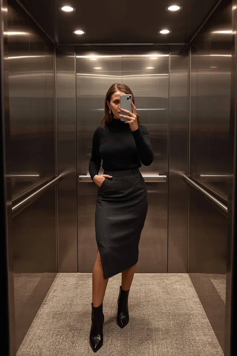 Ribbed Turtleneck with a Wool-Blend Pencil Skirt