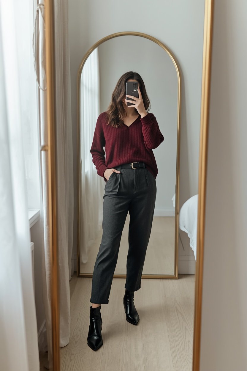 Rich Burgundy Cashmere & Washed Black Denim