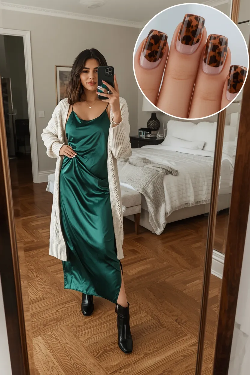 Satin Slip Dress & Tortoiseshell French Tips
