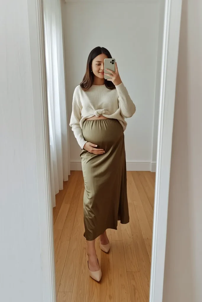 Satin Slip Skirt & Cashmere Crewneck