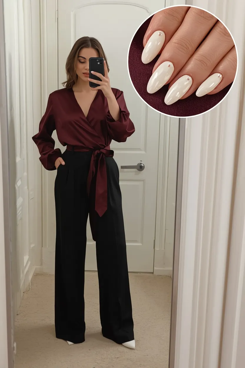 Satin Wrap Blouse & Pearl Accent Nails