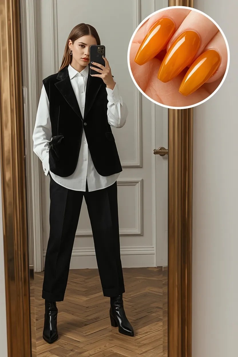 Velvet Vest & Glossy Amber Jelly Nails