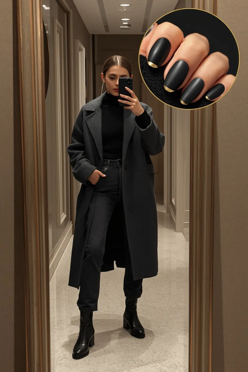 Wool Overcoat & Matte Black Gloss-Drip Nails