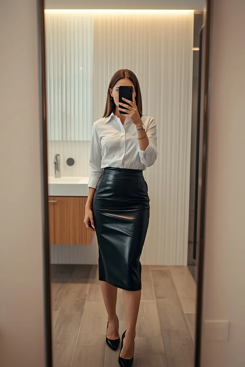 Crisp White Shirt and Leather Skirt
