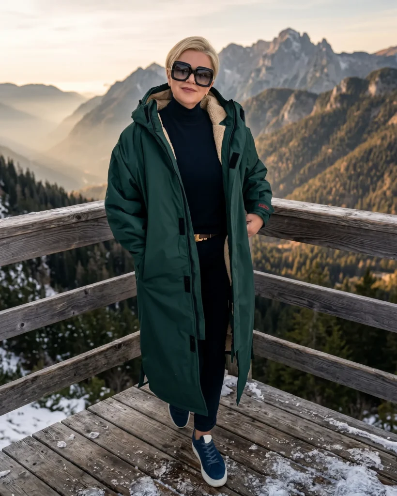 Long Brown Coat with Navy Basics