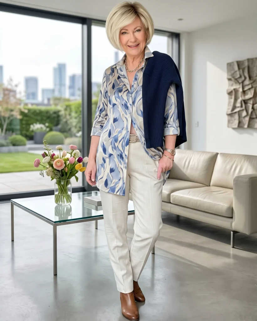Printed Shirt with Cream Trousers