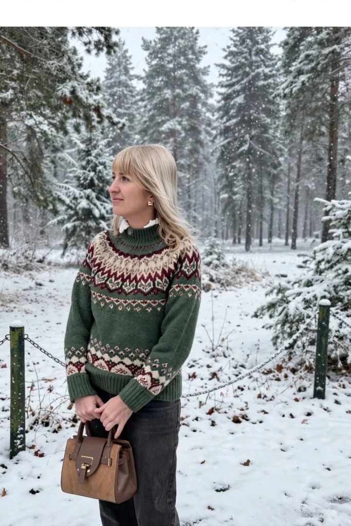 1. Fair Isle Knit + Dark Wide-Leg Jeans