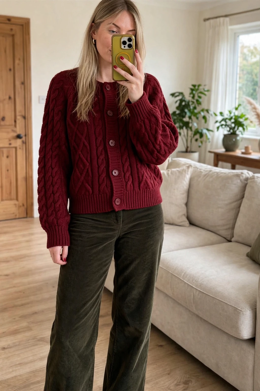Navy Cable Cardigan + Brown Corduroy Trousers
