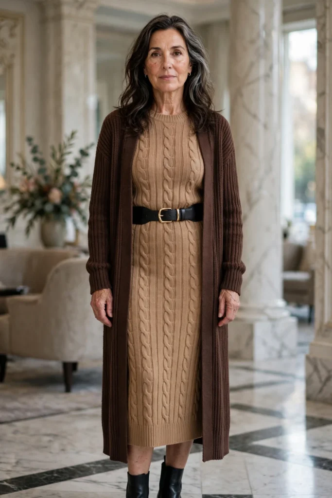 Camel Knit Dress + Long Brown Cardigan