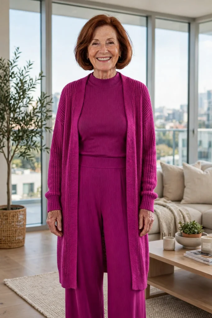 Magenta Knit Set + Long Open Cardigan