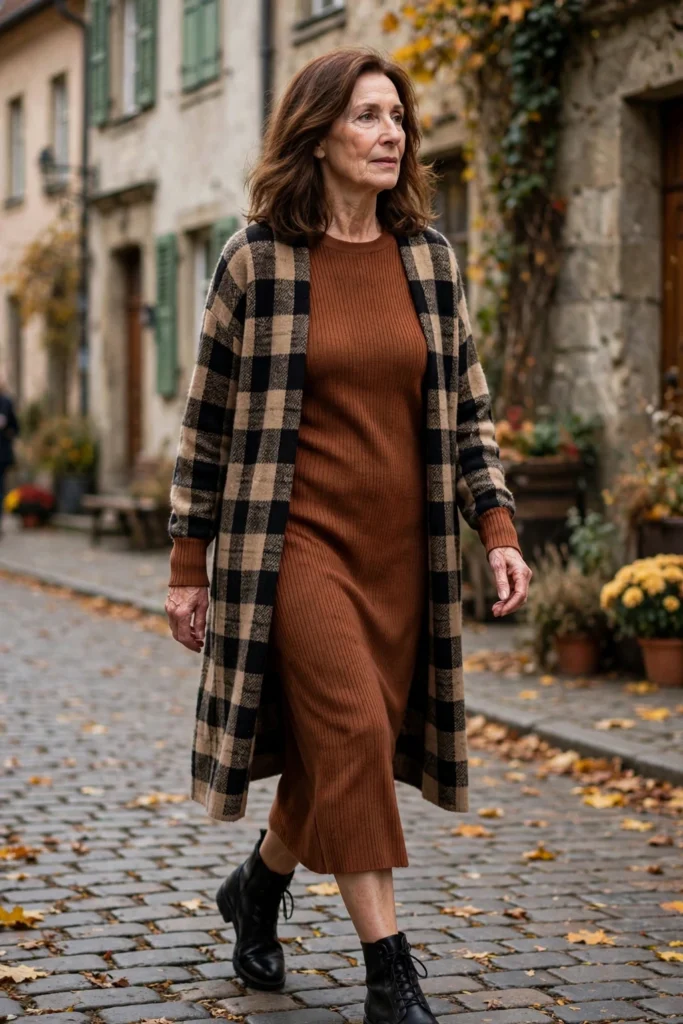 Rust Ribbed Dress + Plaid Cardigan