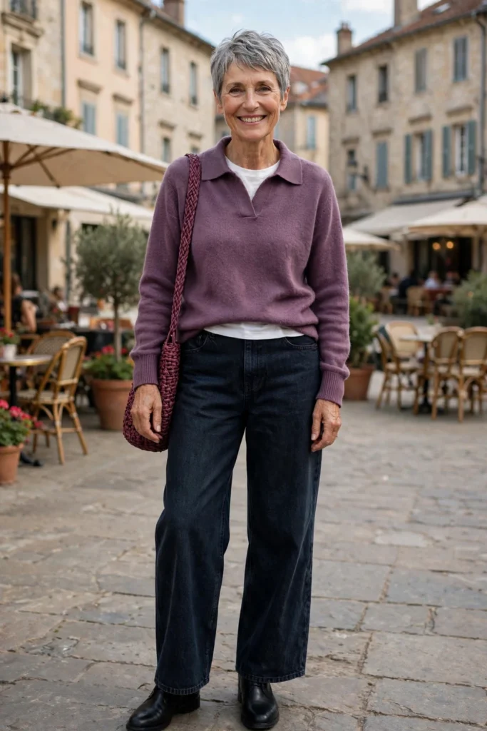 Plum Knit + Dark Wide-Leg Denim