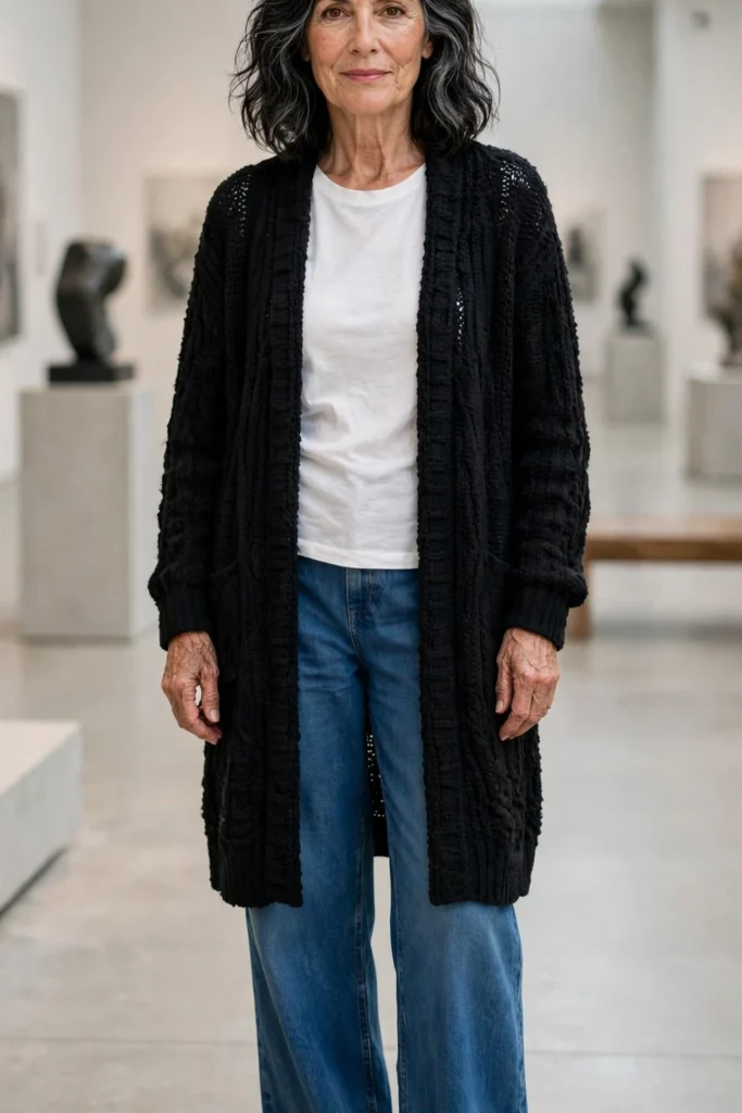 Black Longline Cardigan + Wide-Leg Jeans
