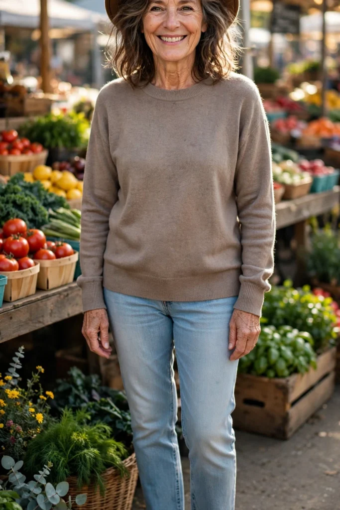 Taupe Sweater + Light-Wash Jeans