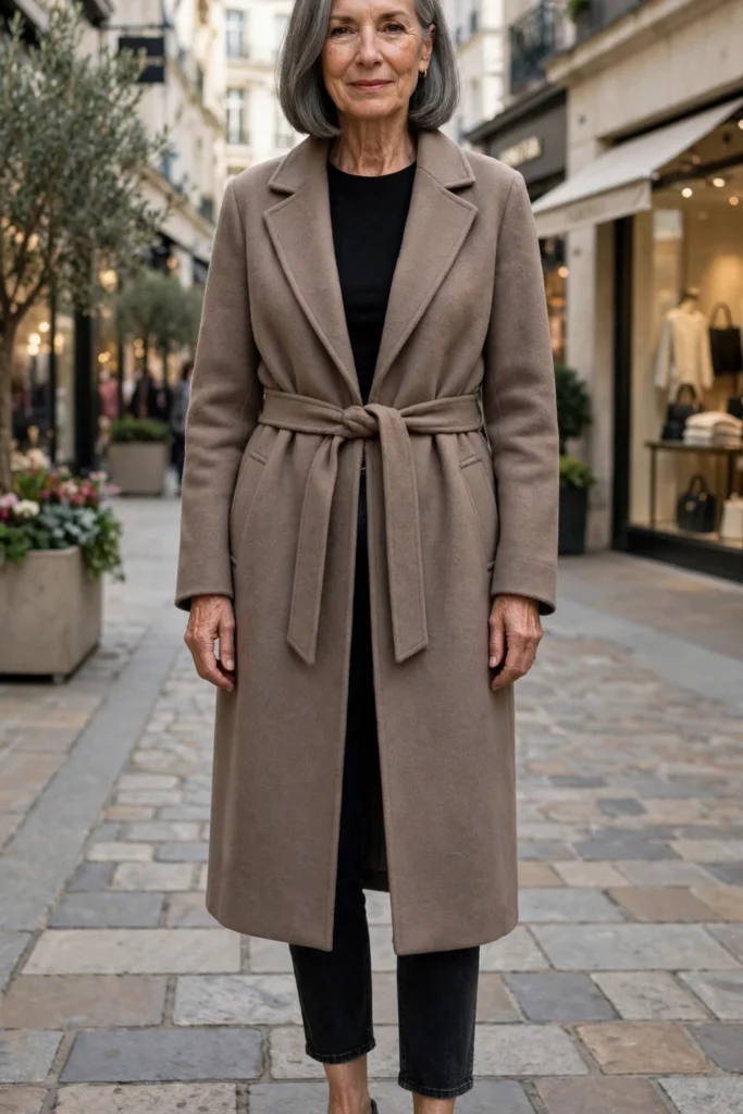 Taupe Belted Wool Coat + Dark Jeans