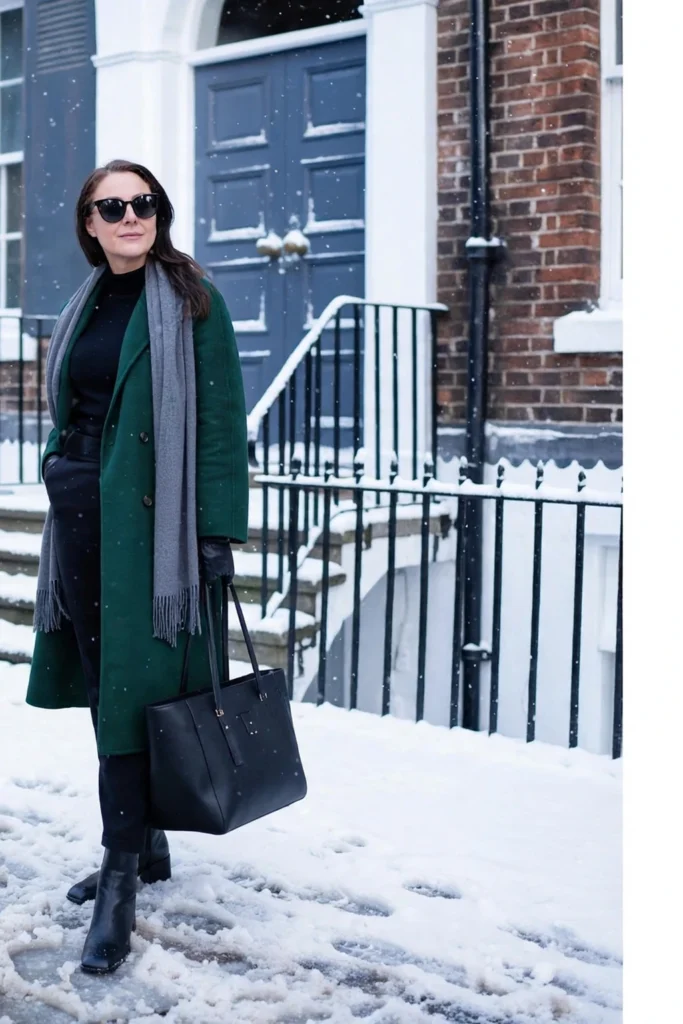 Camel Coat and Black Knit Layers