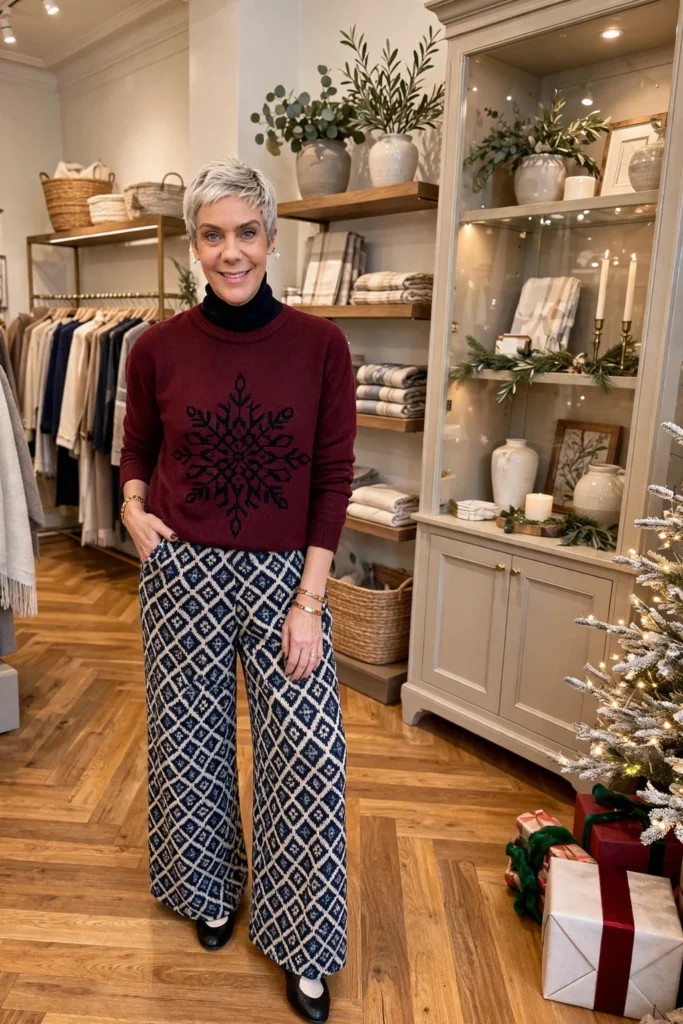 Chocolate Knits and Printed Wide-Leg Pants