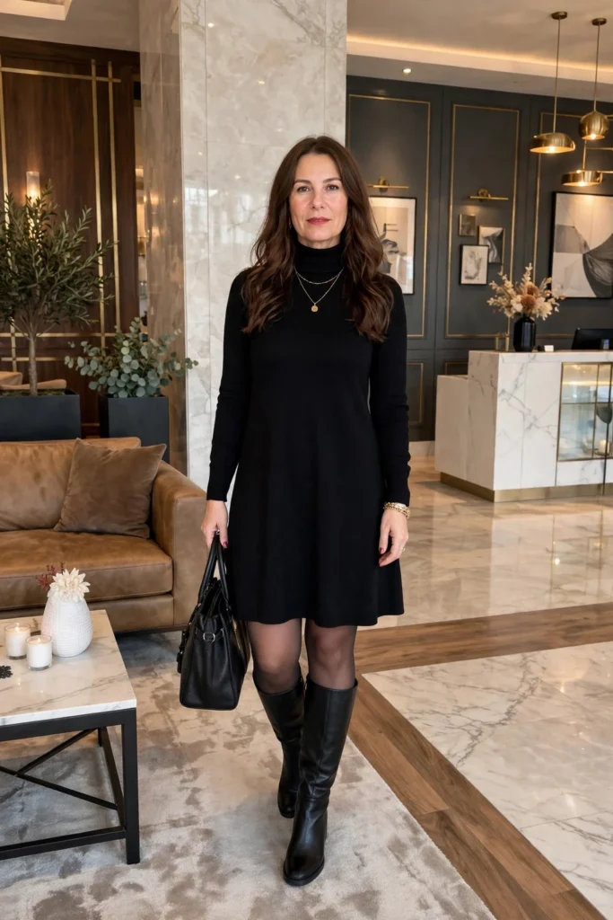 Chocolate Sweater Dress and Tall Boots