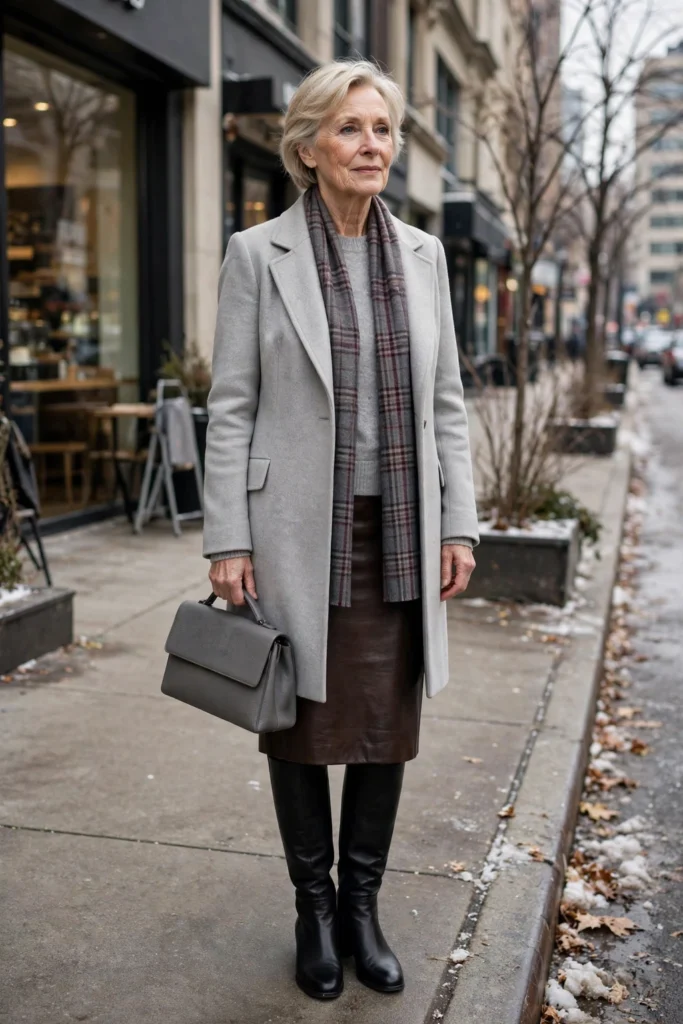 Gray Coat and Leather Pencil Skirt