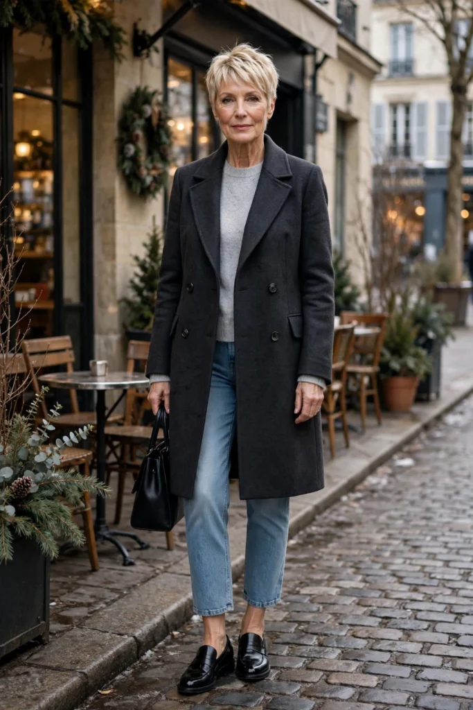 Gray Coat + Jeans + Loafers