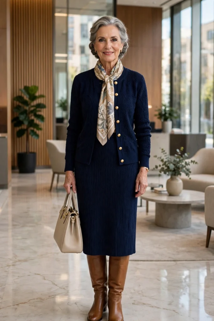 Navy Knit Set with Camel Boots