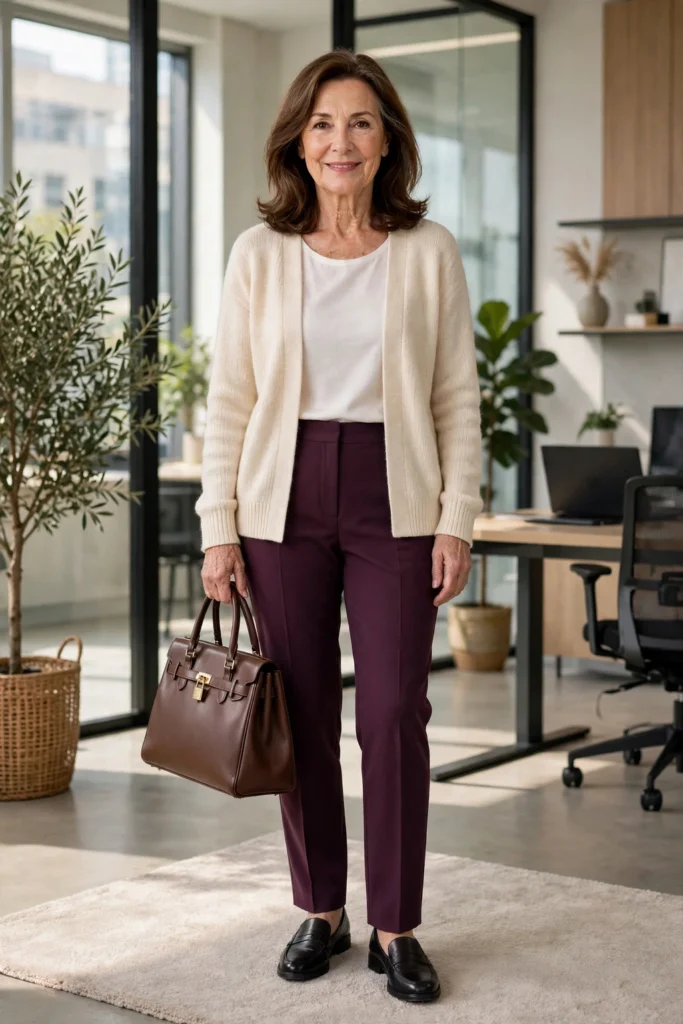 Cream Cardigan and Plum Trousers
