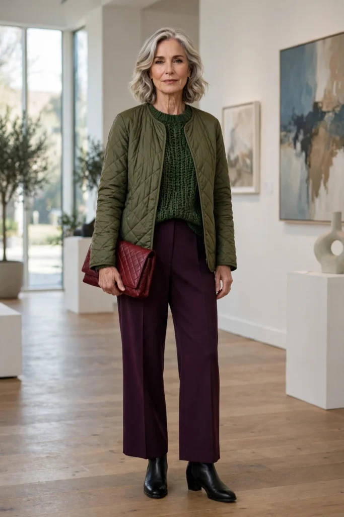 Olive Quilted Jacket and Wide-Leg Trousers